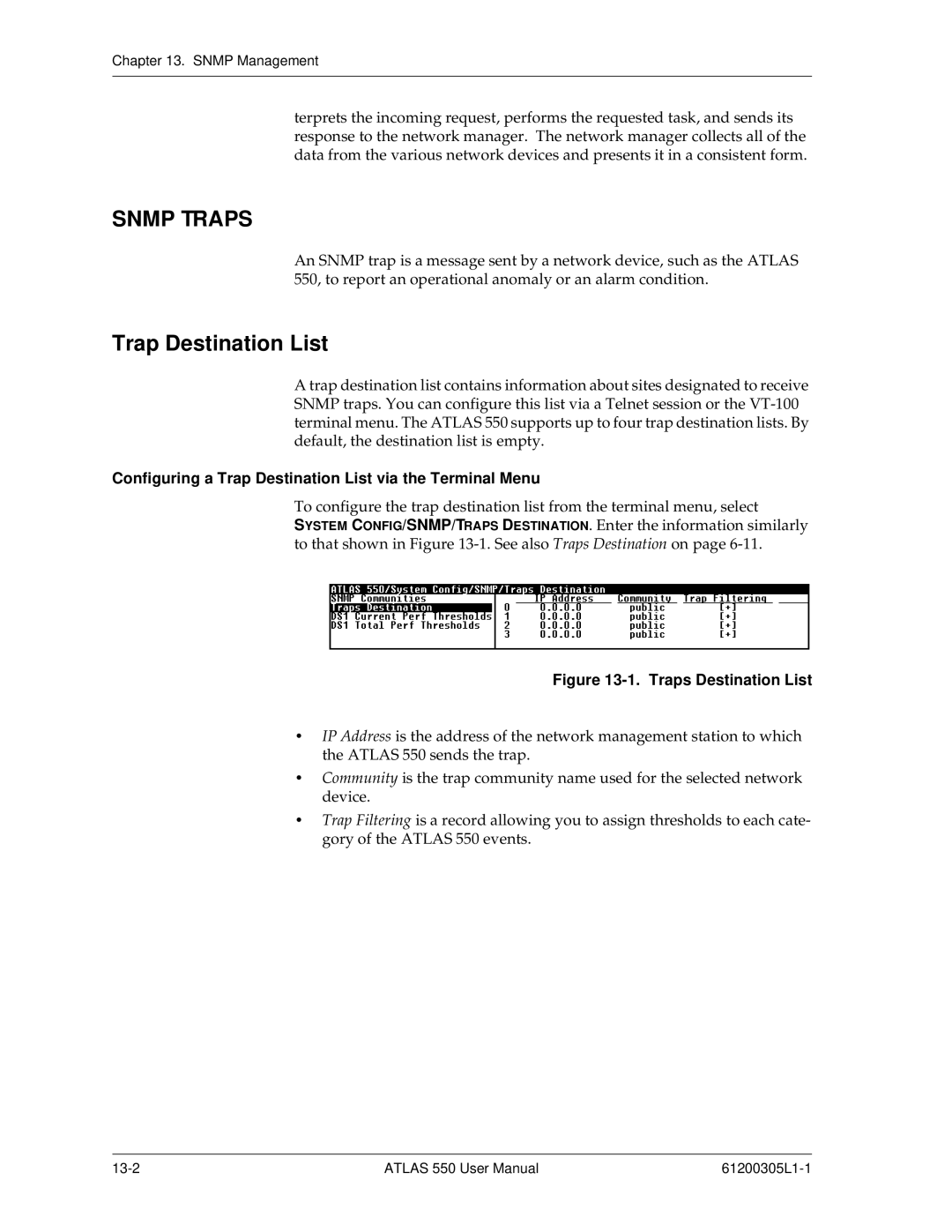 ADTRAN 550 user manual Snmp Traps, Configuring a Trap Destination List via the Terminal Menu 