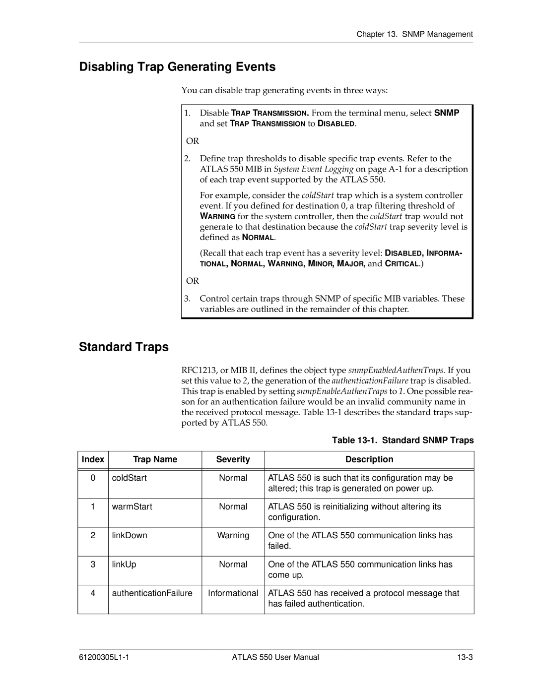 ADTRAN 550 Disabling Trap Generating Events, Standard Traps, Standard Snmp Traps, Trap Name Severity Description 