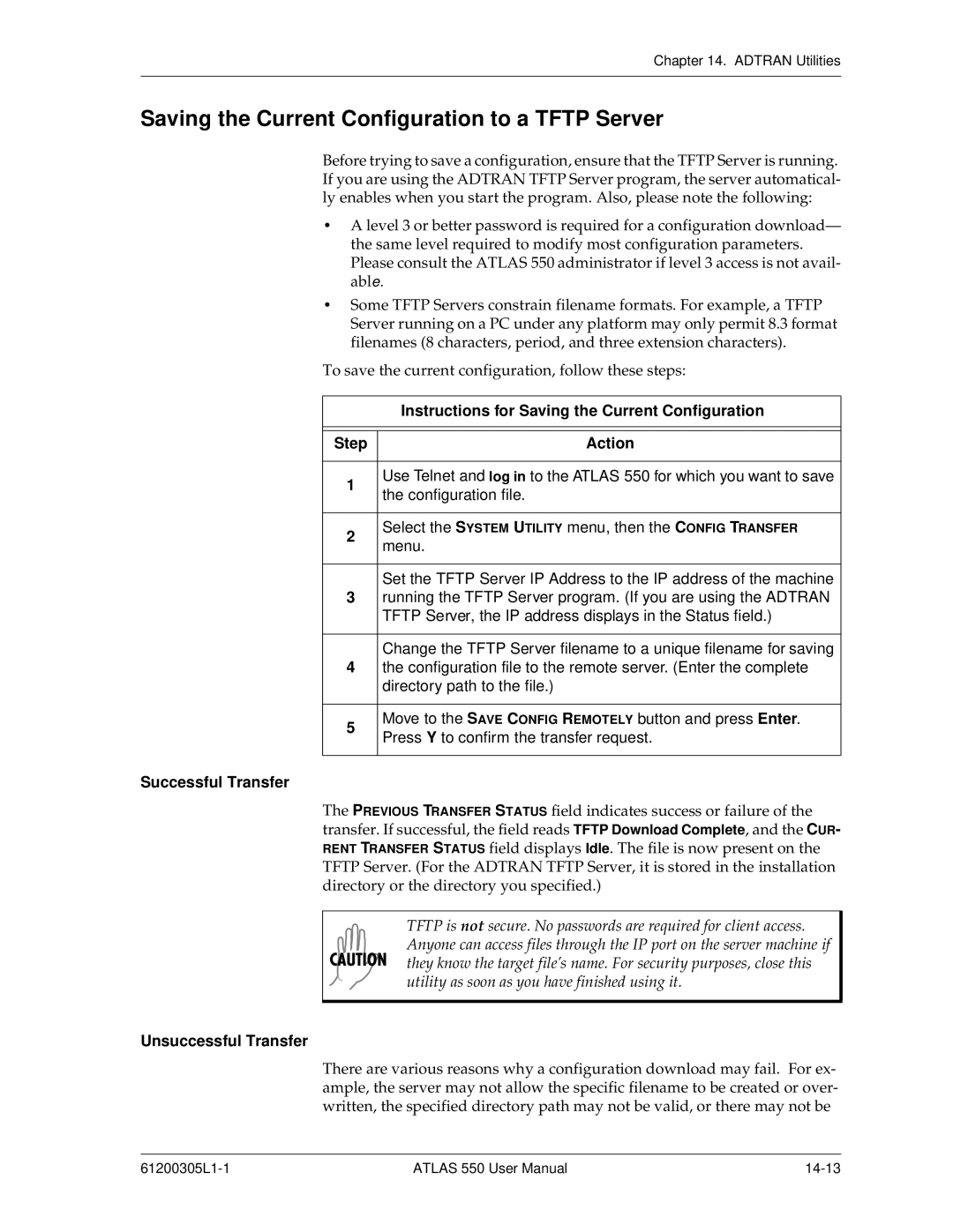 ADTRAN 550 user manual Saving the Current Configuration to a Tftp Server, Instructions for Saving the Current Configuration 