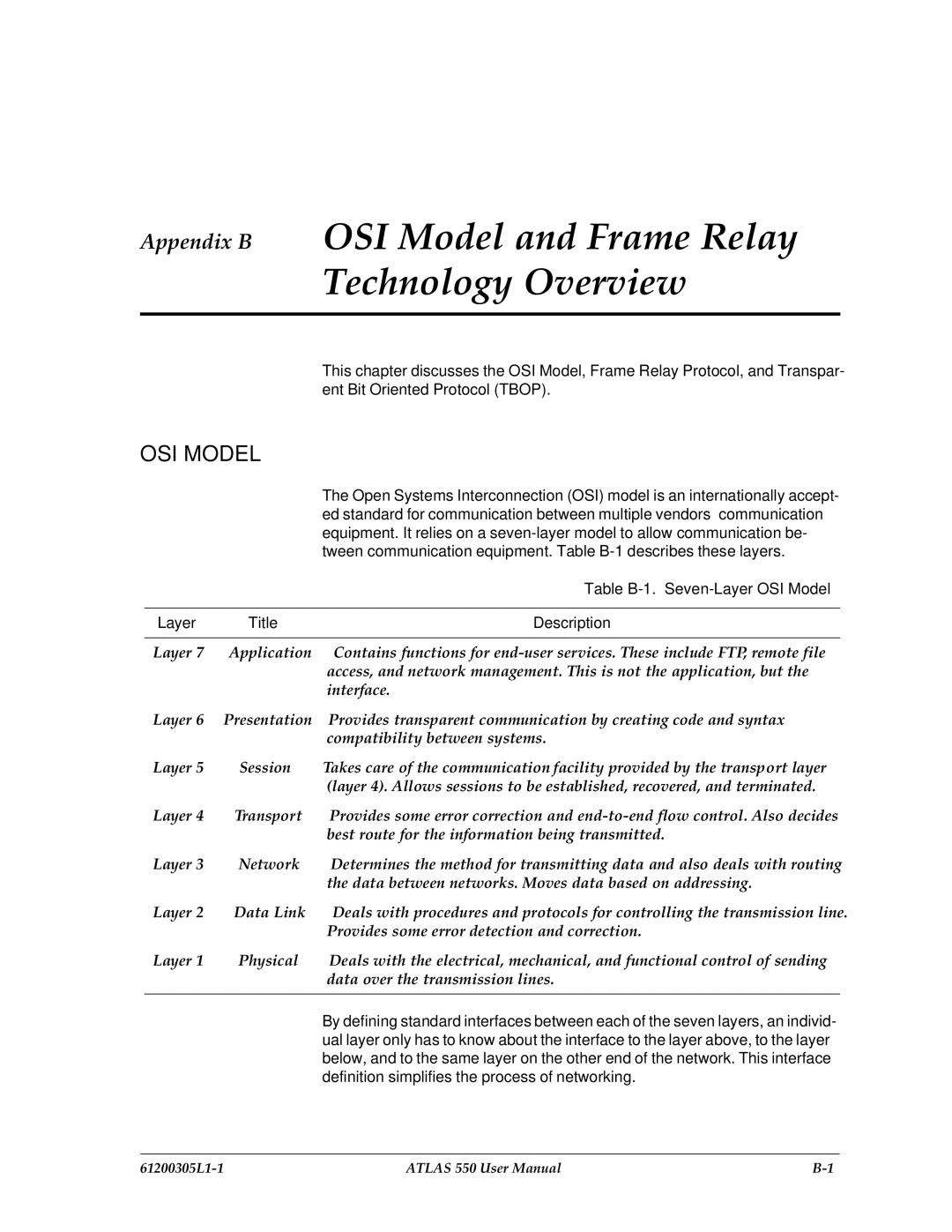 ADTRAN 550 user manual Appendix B OSI Model and Frame Relay Technology Overview, Table B-1. Seven-Layer OSI Model 