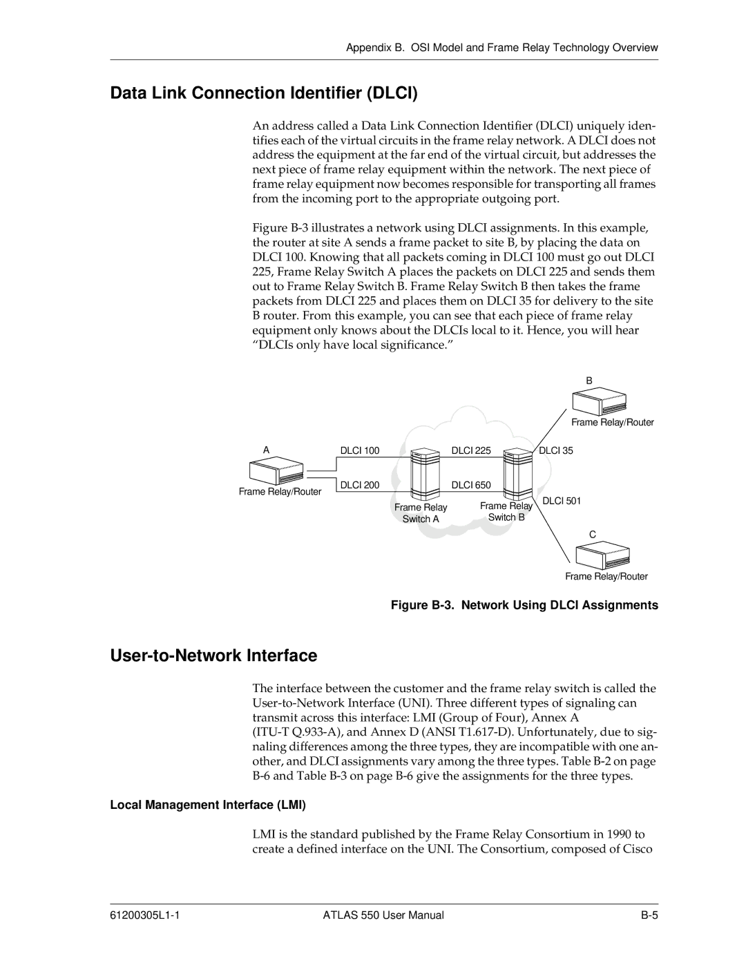 ADTRAN 550 user manual Data Link Connection Identifier Dlci, User-to-Network Interface, Local Management Interface LMI 