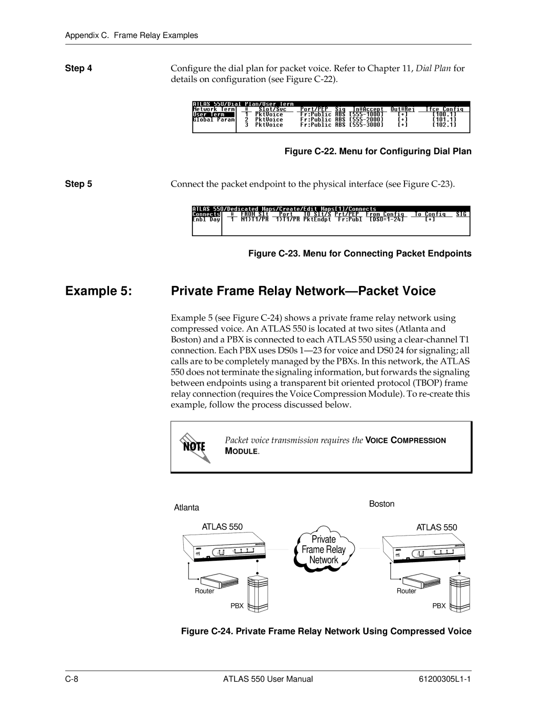 ADTRAN 550 user manual Example 5 Private Frame Relay Network-Packet Voice, Figure C-22. Menu for Configuring Dial Plan Step 