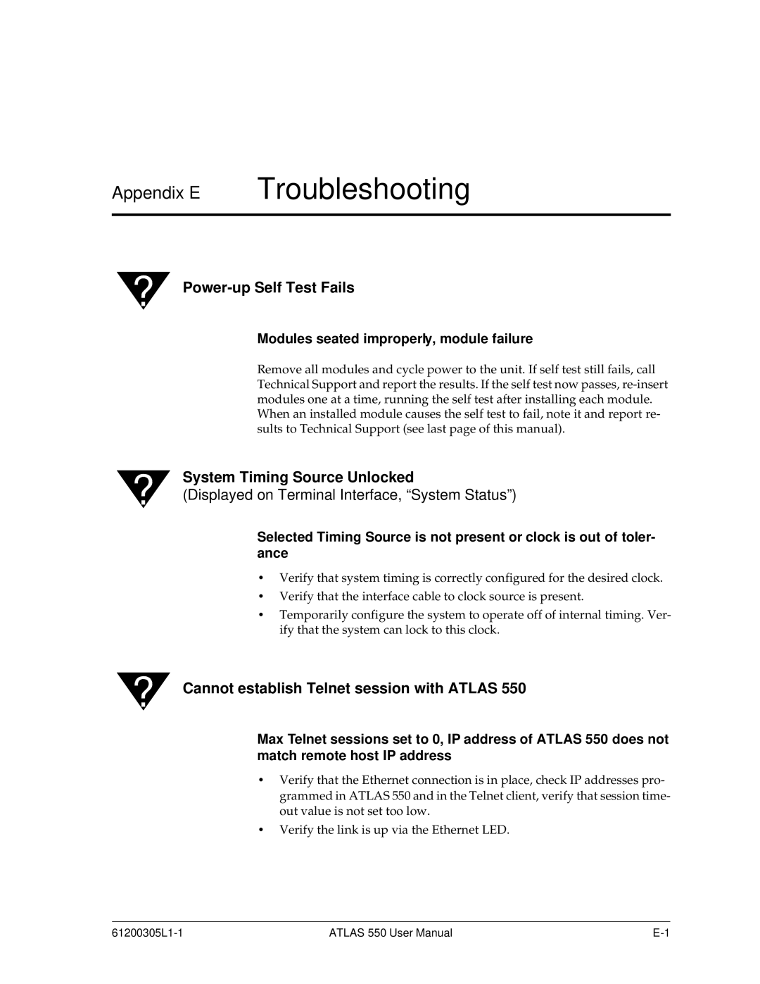 ADTRAN 550 user manual Appendix E Troubleshooting, Power-up Self Test Fails 