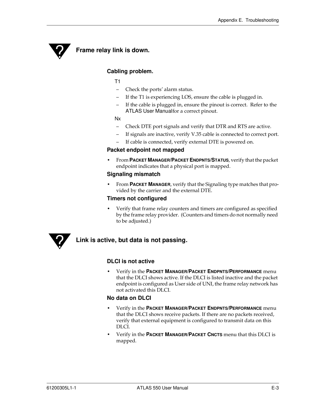 ADTRAN 550 user manual Frame relay link is down 