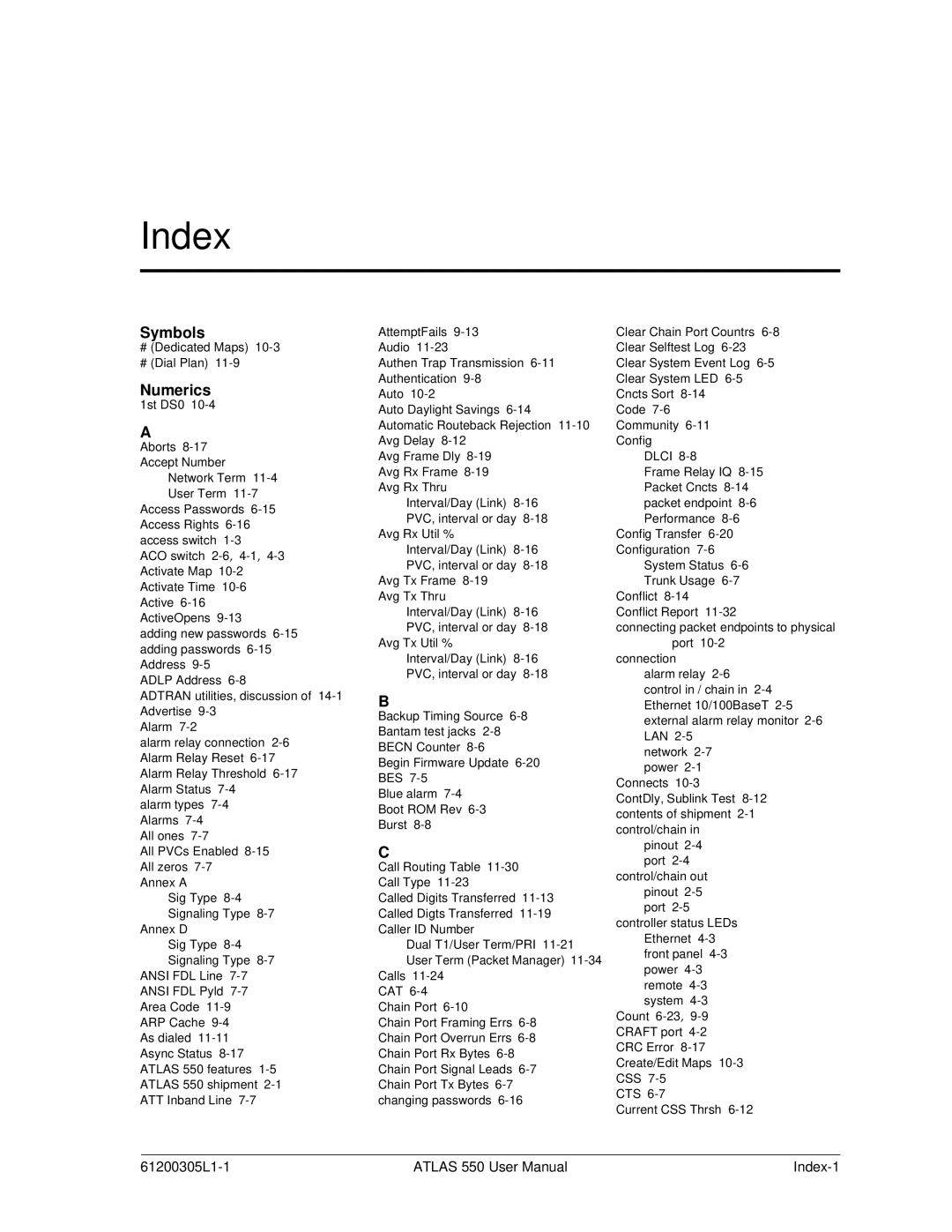 ADTRAN 550 user manual Index, Symbols, Numerics 