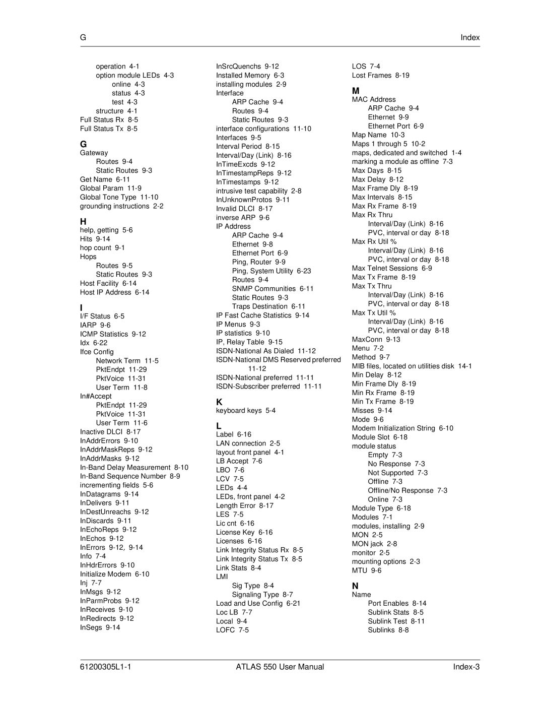 ADTRAN 550 user manual 61200305L1-1 Index-3 