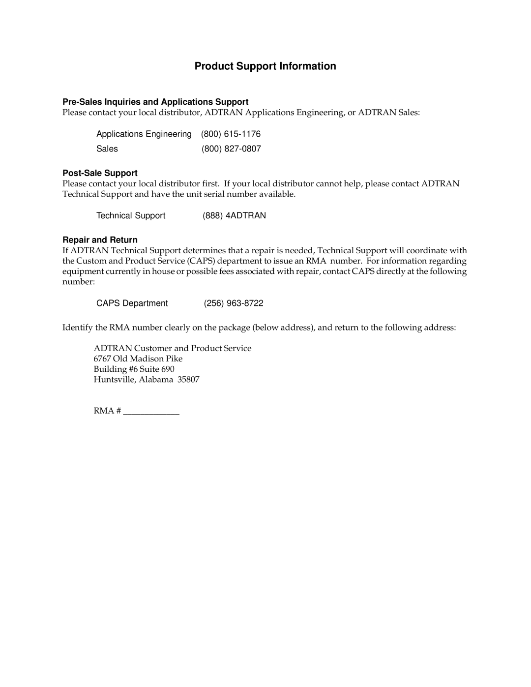 ADTRAN 550 user manual Pre-Sales Inquiries and Applications Support, Post-Sale Support, Repair and Return 