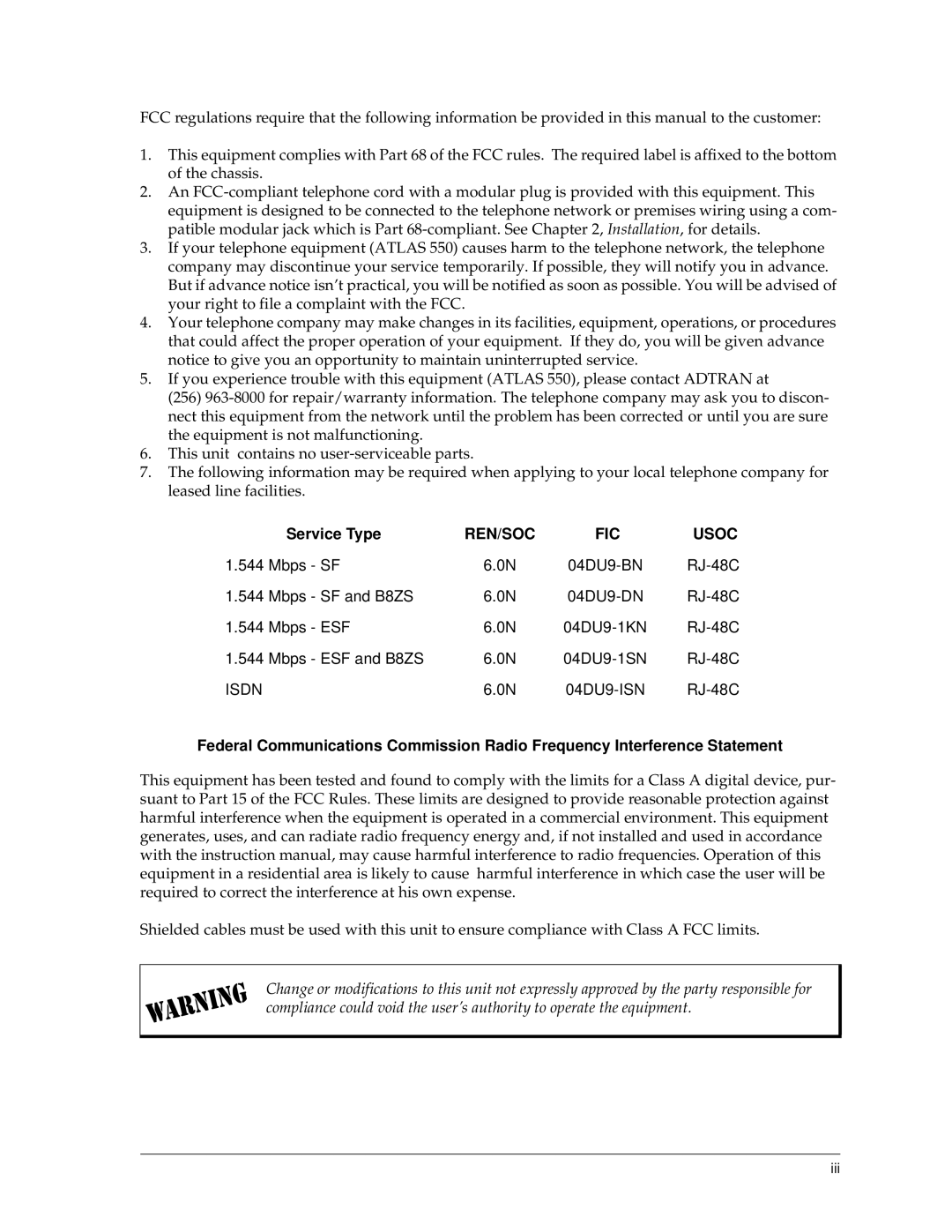 ADTRAN 550 user manual Service Type, REN/SOC FIC Usoc 