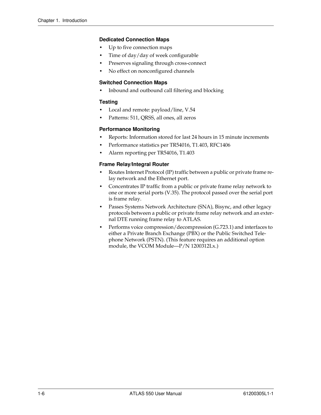 ADTRAN 550 user manual Dedicated Connection Maps, Switched Connection Maps, Testing, Performance Monitoring 