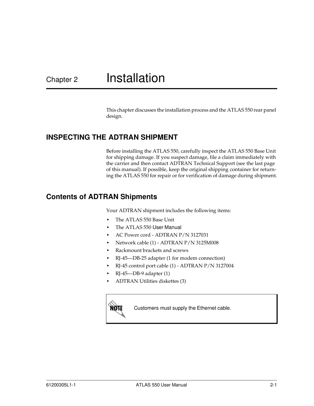 ADTRAN 550 user manual Installation, Inspecting the Adtran Shipment, Contents of Adtran Shipments 