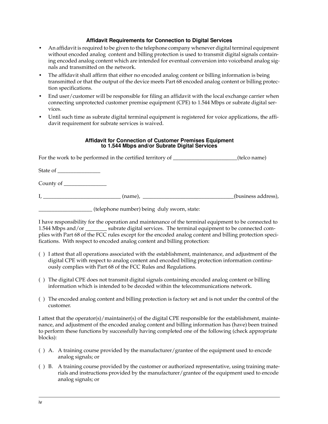 ADTRAN 550 user manual Affidavit Requirements for Connection to Digital Services 