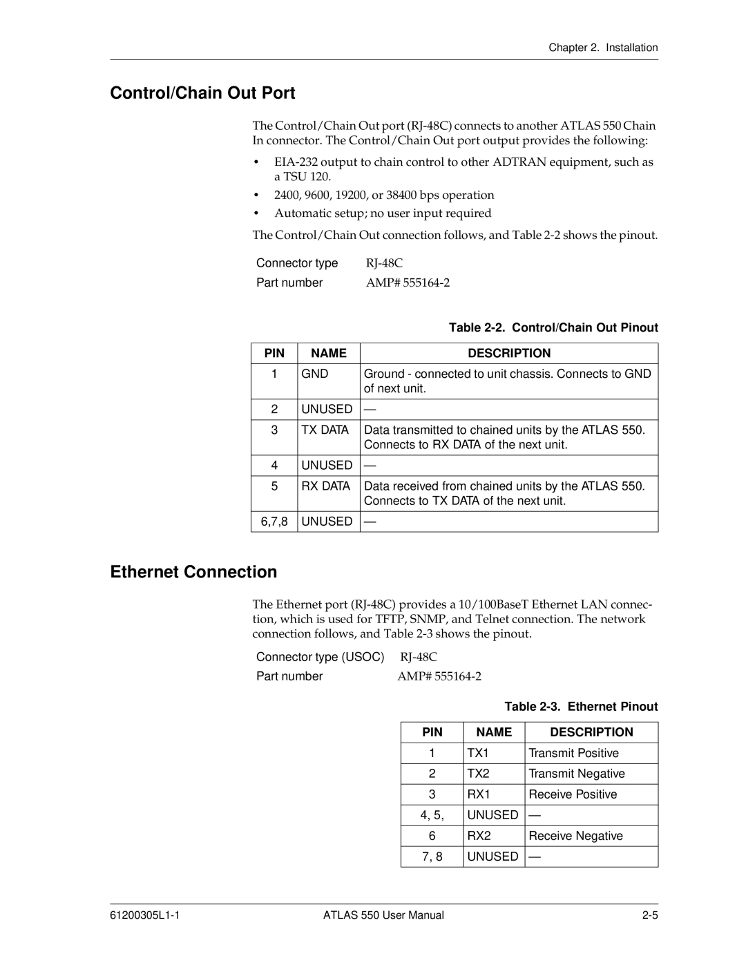 ADTRAN 550 user manual Control/Chain Out Port, Ethernet Connection, Control/Chain Out Pinout, Ethernet Pinout 