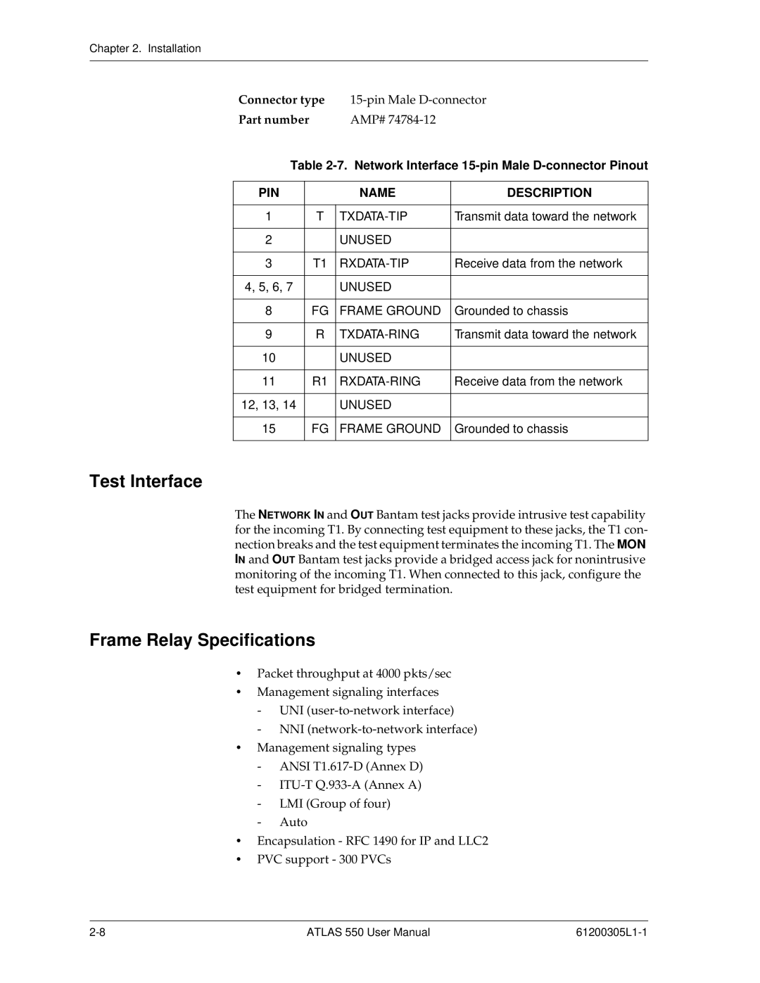 ADTRAN 550 user manual Test Interface, Frame Relay Specifications, Network Interface 15-pin Male D-connector Pinout 