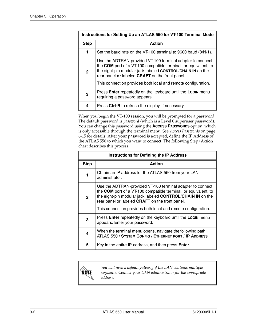 ADTRAN 550 user manual Instructions for Defining the IP Address, Step Action 