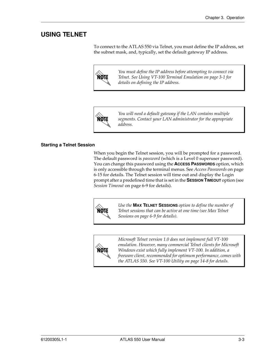 ADTRAN 550 user manual Using Telnet, Starting a Telnet Session 