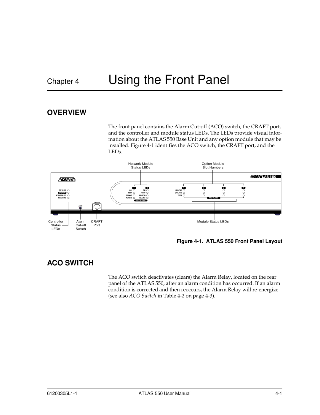 ADTRAN 550 user manual Using the Front Panel, ACO Switch 