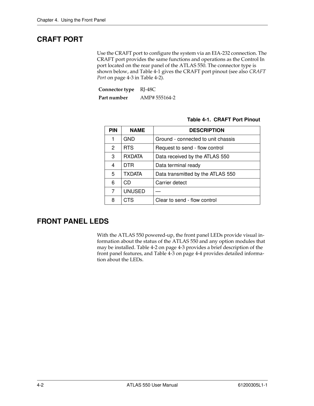 ADTRAN 550 user manual Front Panel Leds, Craft Port Pinout 