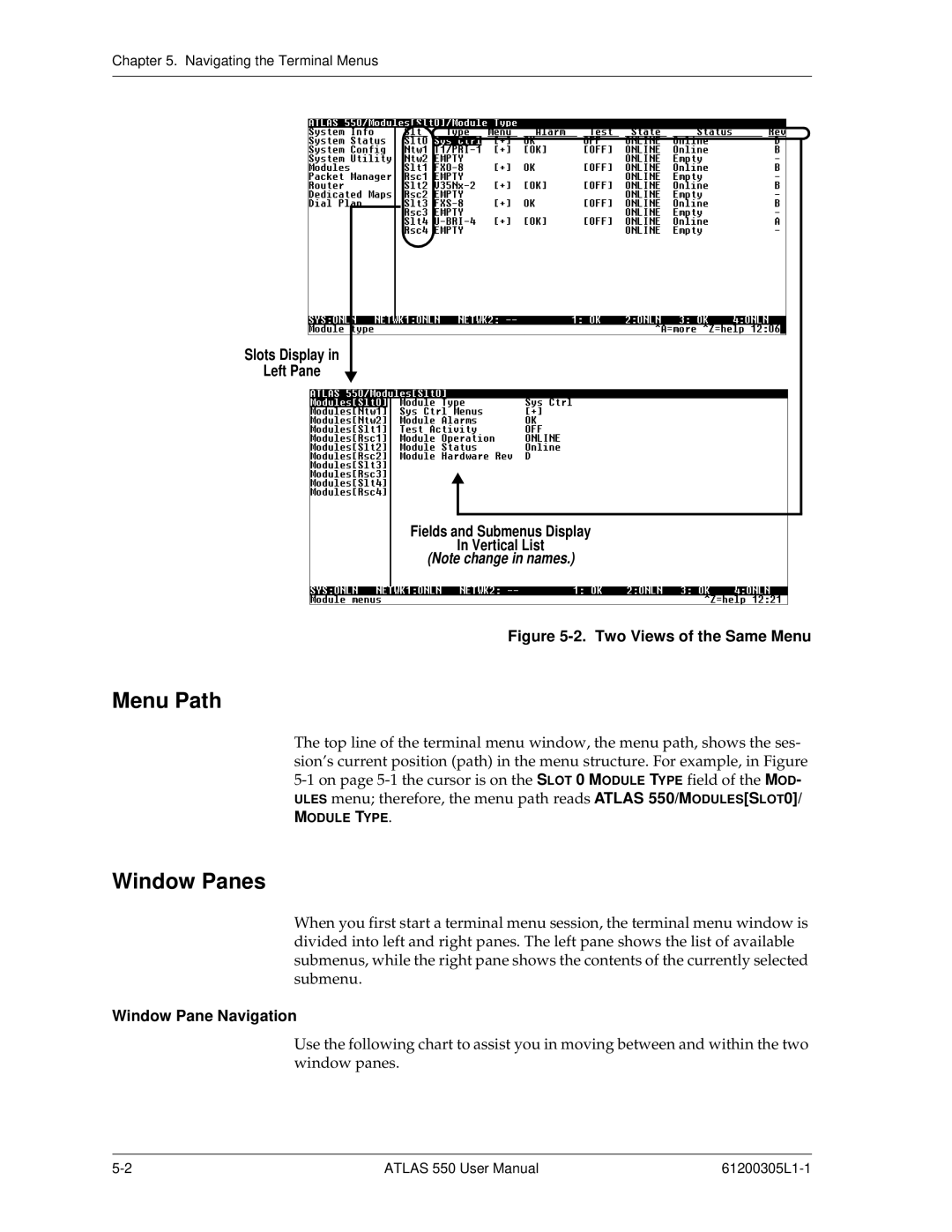 ADTRAN 550 user manual Menu Path, Window Panes, Window Pane Navigation 