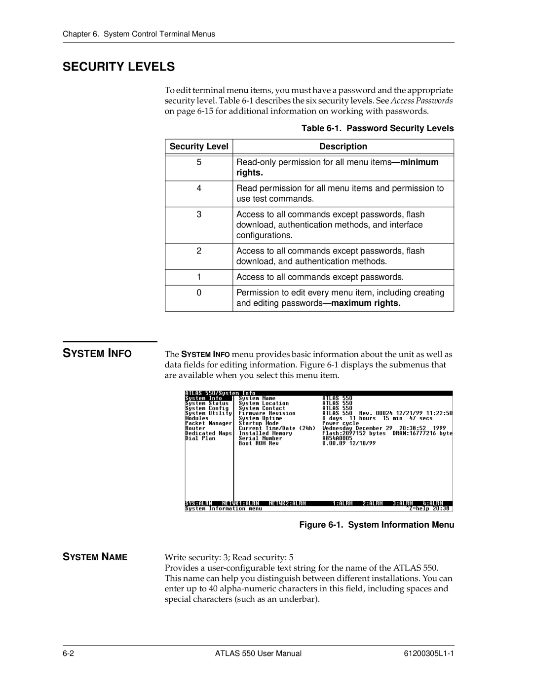 ADTRAN 550 user manual System Info, Password Security Levels, Rights, System Name 