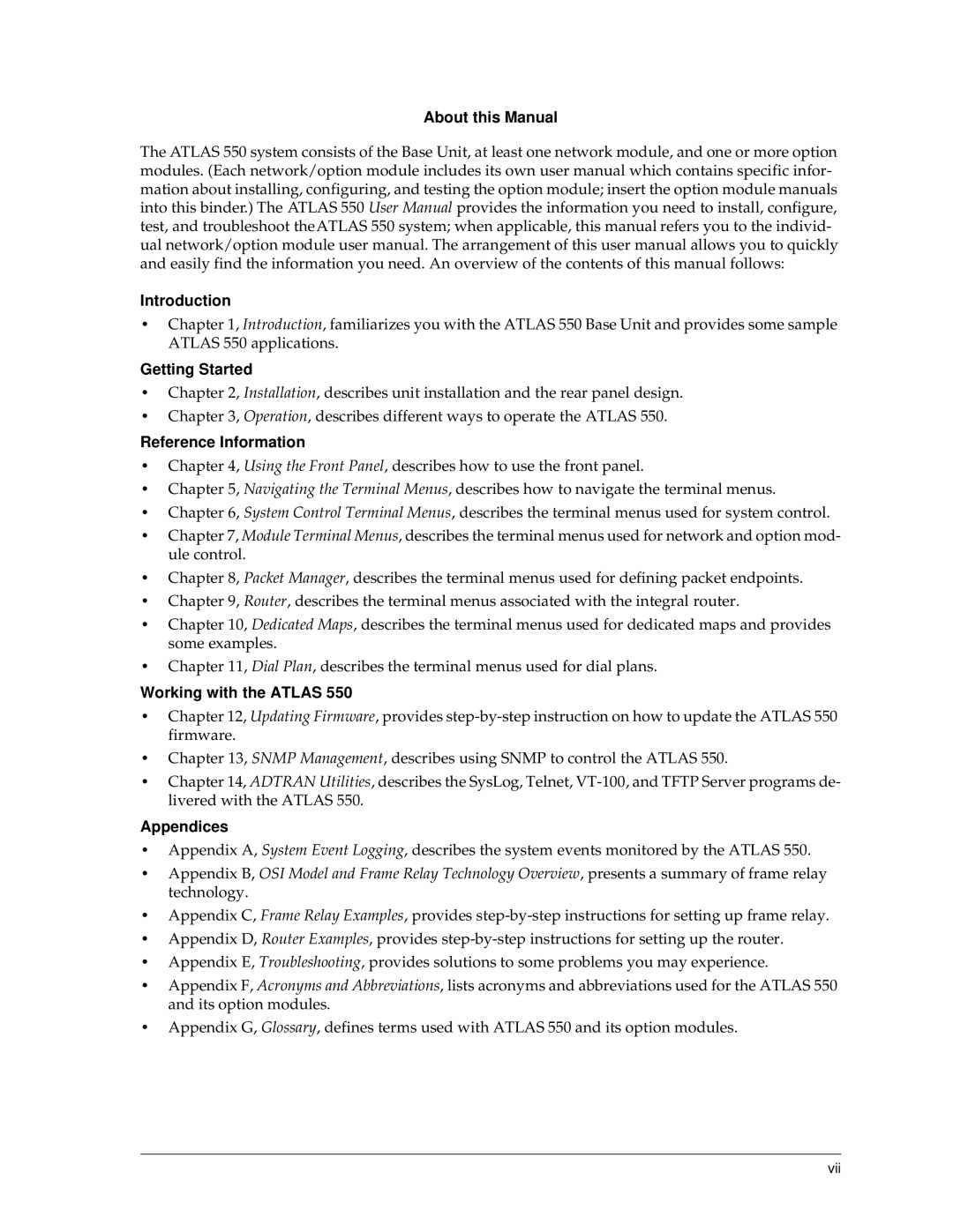 ADTRAN 550 About this Manual Introduction, Getting Started, Reference Information, Working with the Atlas, Appendices 