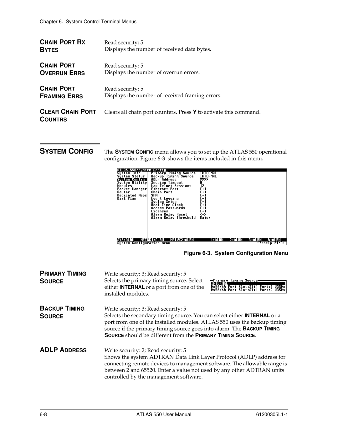 ADTRAN 550 user manual System Config, Primary Timing Source, Backup Timing Source 