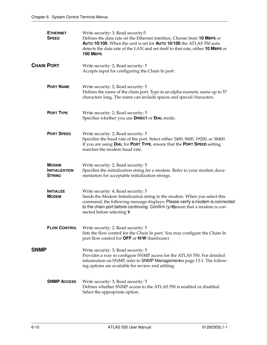 ADTRAN 550 user manual Mbps, Chain Port, Snmp Access 