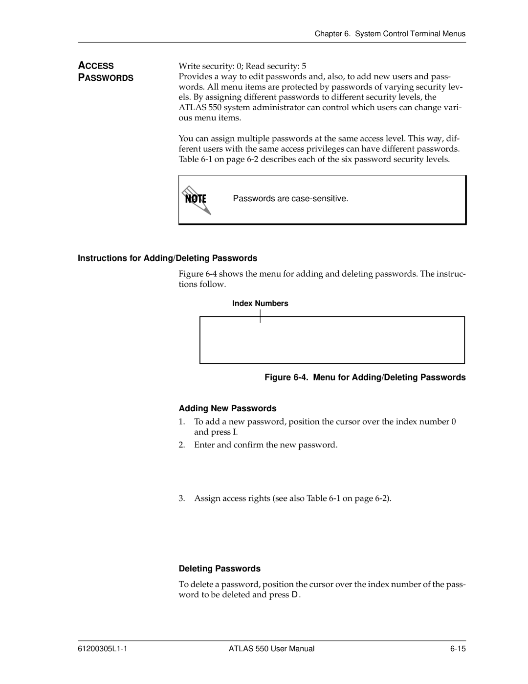 ADTRAN 550 user manual Access Passwords, Instructions for Adding/Deleting Passwords 