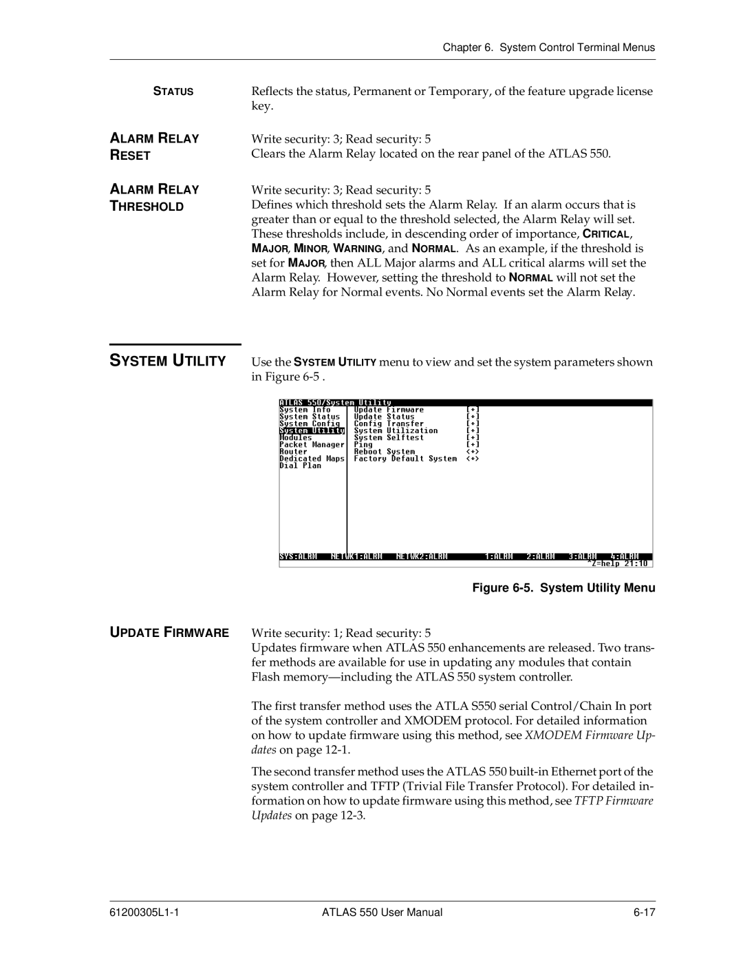 ADTRAN 550 user manual Alarm Relay Reset Alarm Relay Threshold, System Utility Menu 