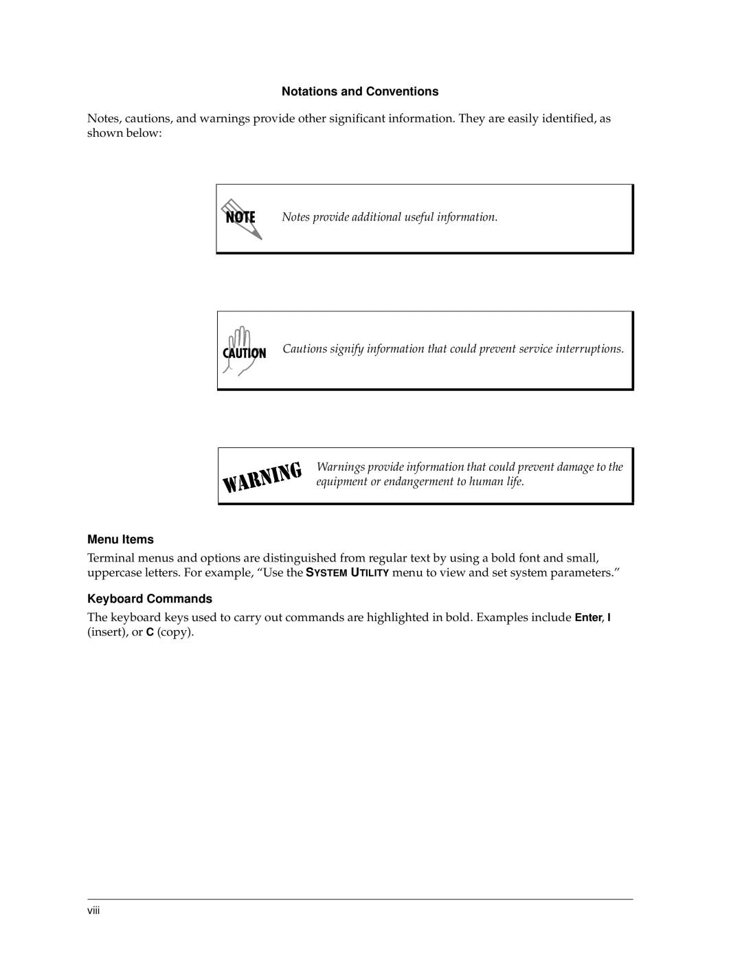 ADTRAN 550 user manual Notations and Conventions Menu Items, Keyboard Commands 