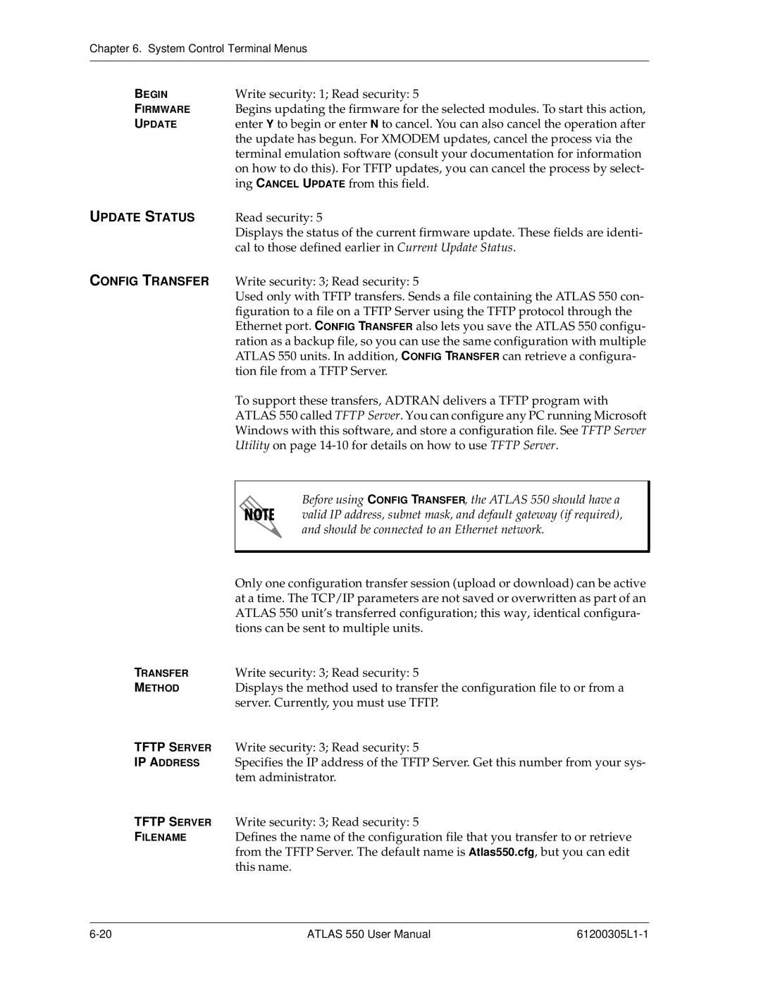 ADTRAN 550 user manual Update Status, Config Transfer, Tftp Server 