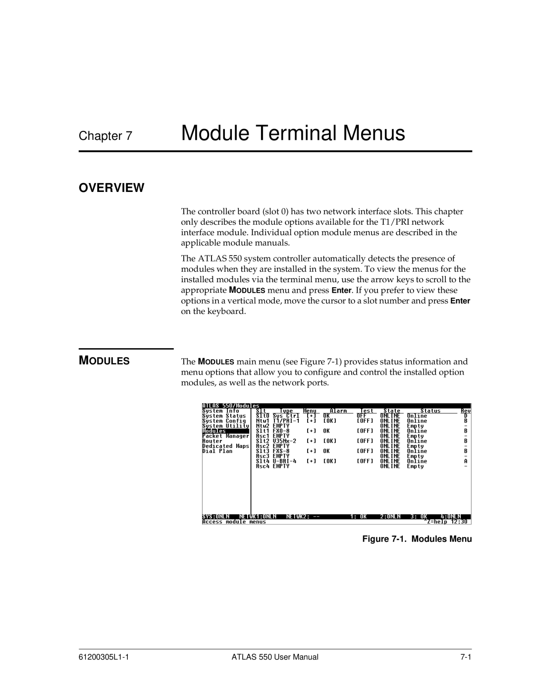 ADTRAN 550 user manual Module Terminal Menus, Modules 