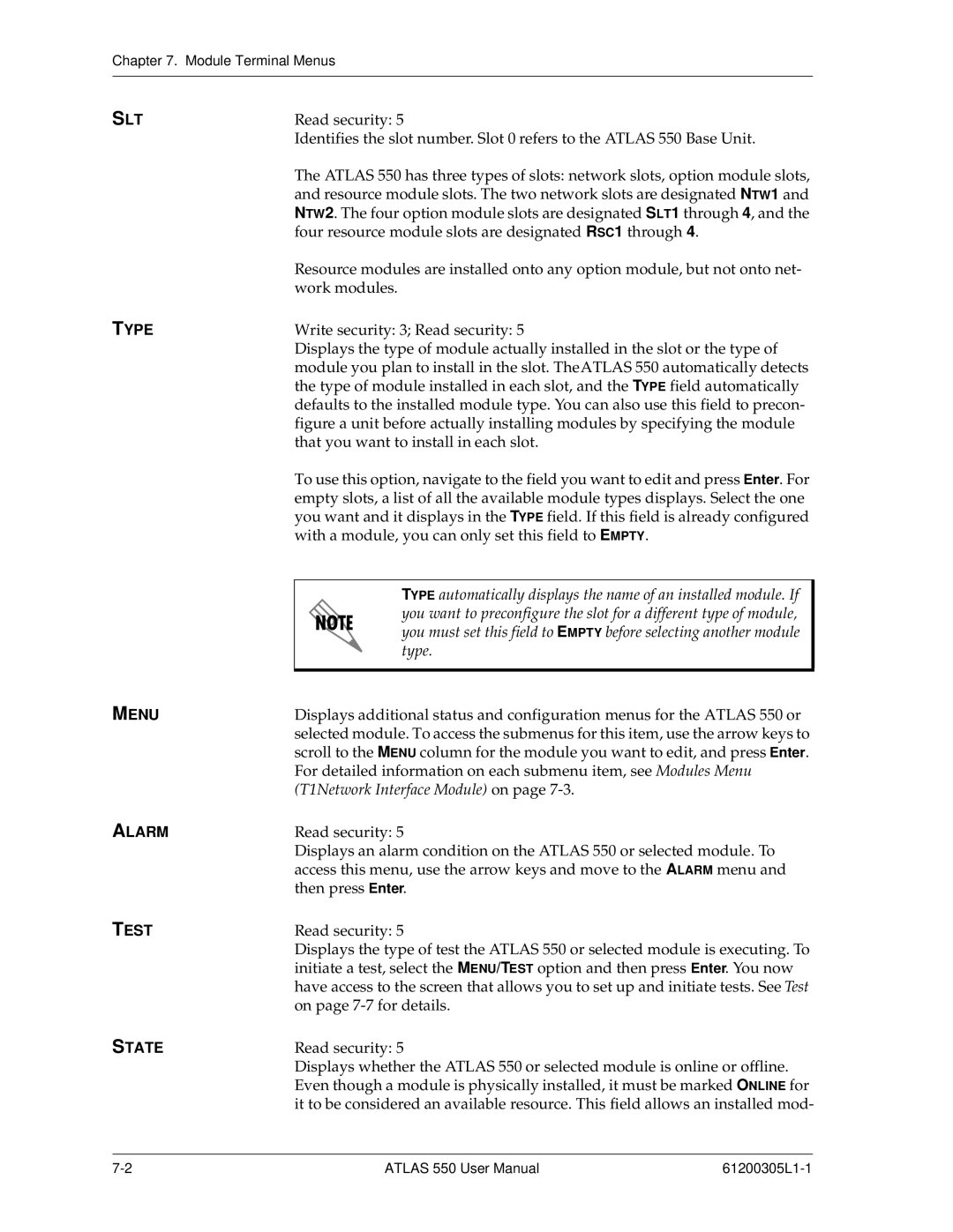 ADTRAN 550 user manual Slt, Type, Menu, Alarm, Test, State 