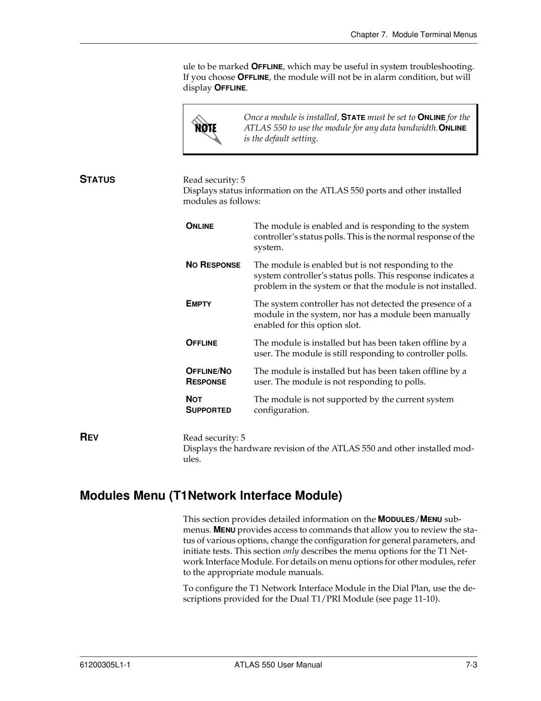 ADTRAN 550 user manual Modules Menu T1Network Interface Module, Status, Rev 