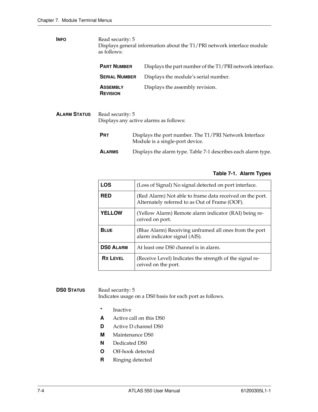 ADTRAN 550 user manual Los, Red, Yellow, DS0 a Larm, DS0 S Tatus 