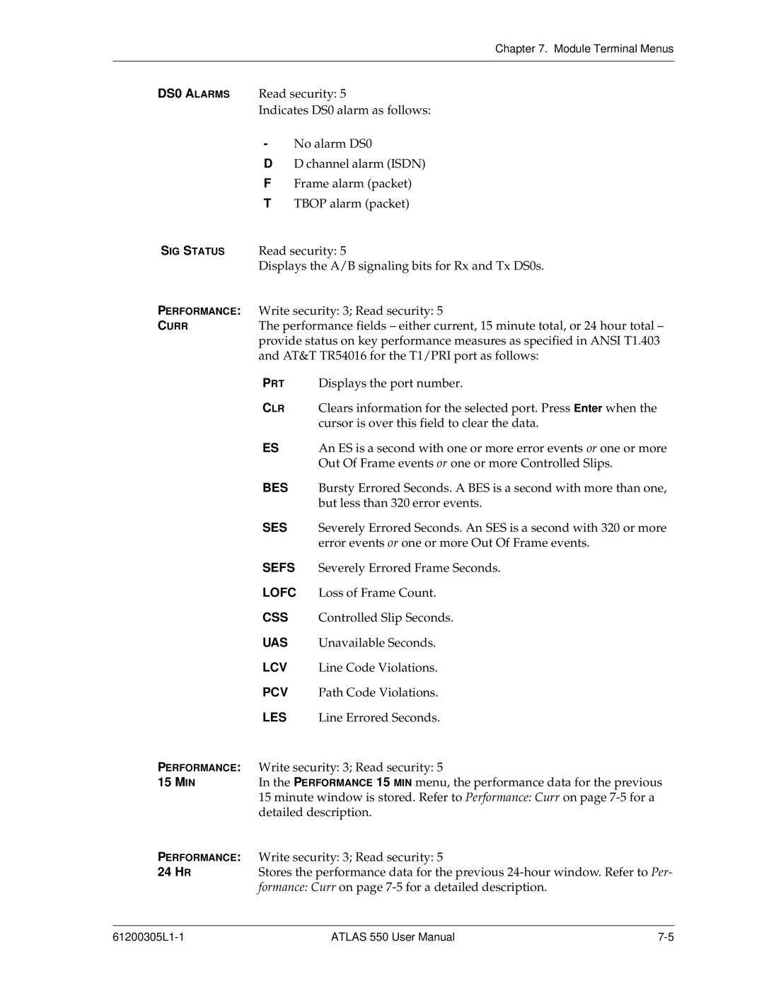 ADTRAN 550 user manual DS0 a Larms, Displays the A/B signaling bits for Rx and Tx DS0s 