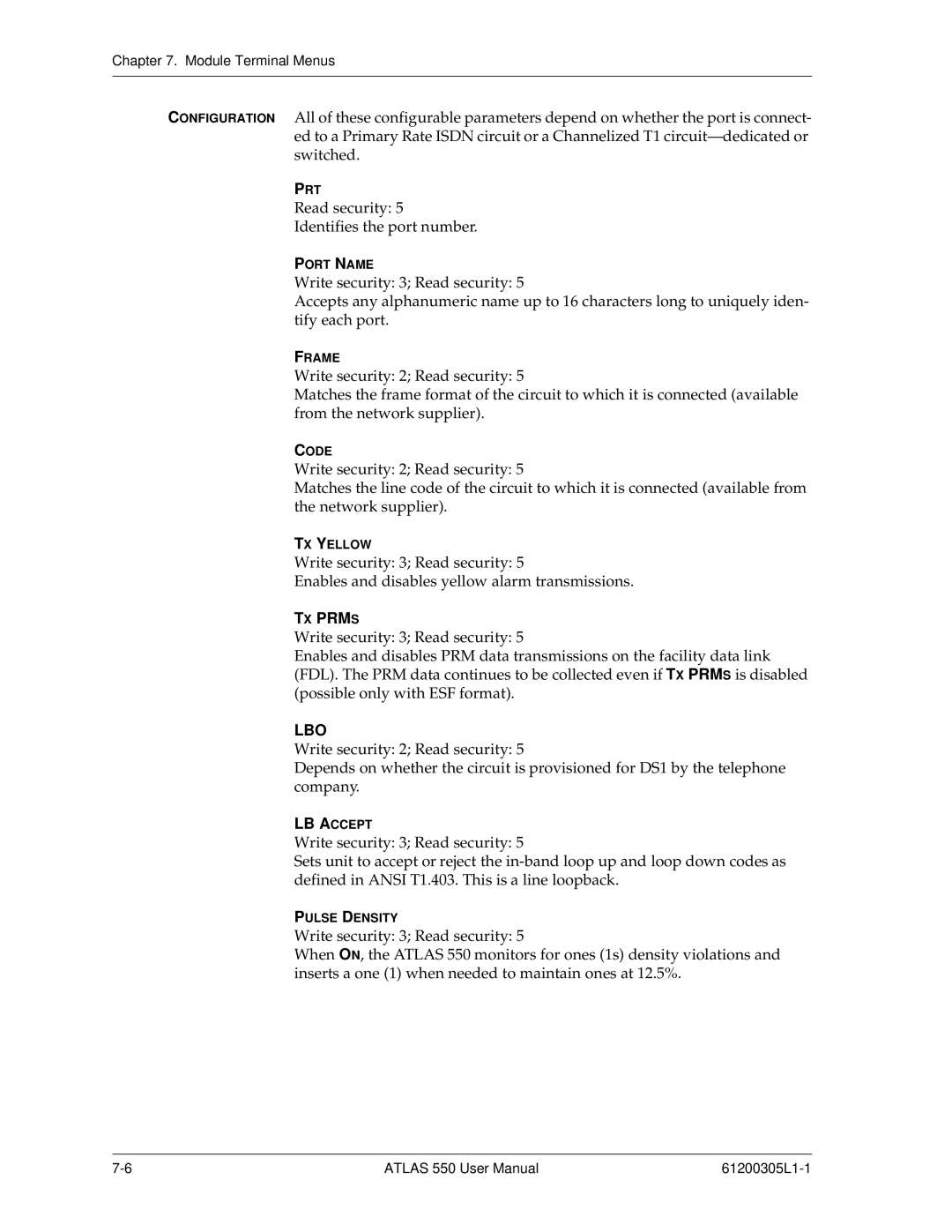 ADTRAN 550 user manual TX Prms, Lbo 