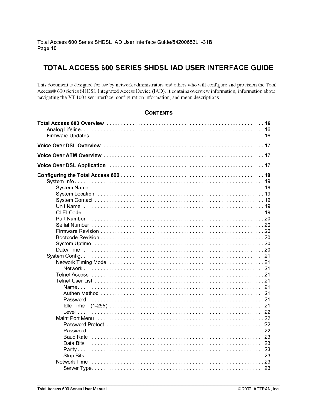 ADTRAN user manual Total Access 600 Series Shdsl IAD User Interface Guide 