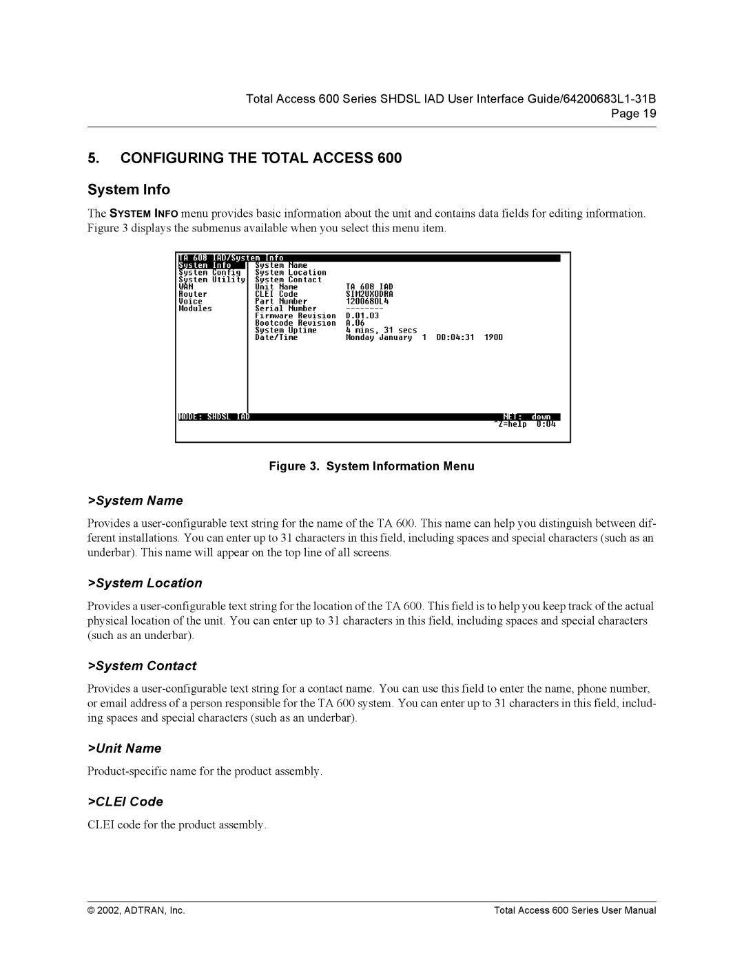 ADTRAN 600 Series user manual System Info 