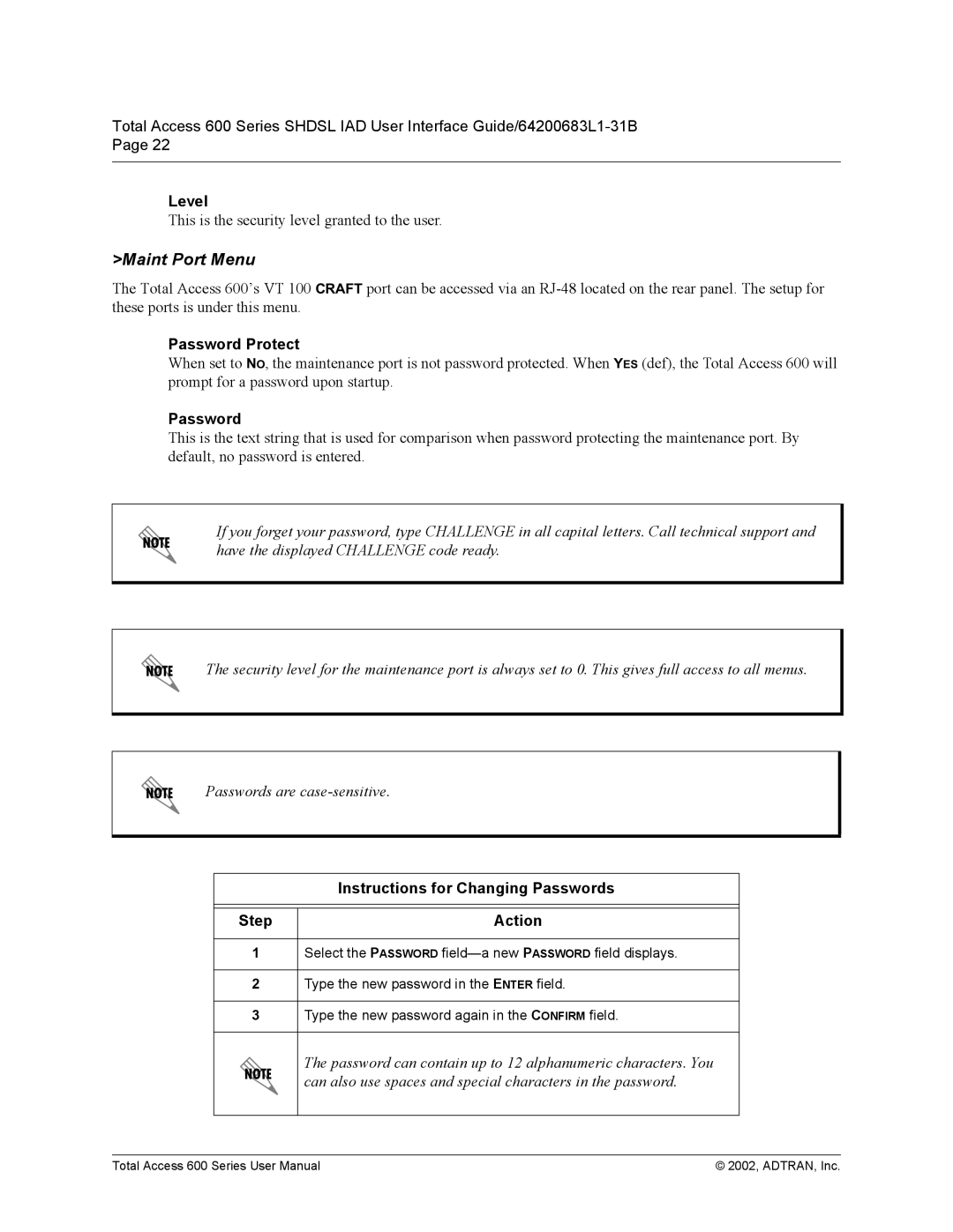 ADTRAN 600 Series user manual Maint Port Menu, Level, Password Protect, Instructions for Changing Passwords Step Action 