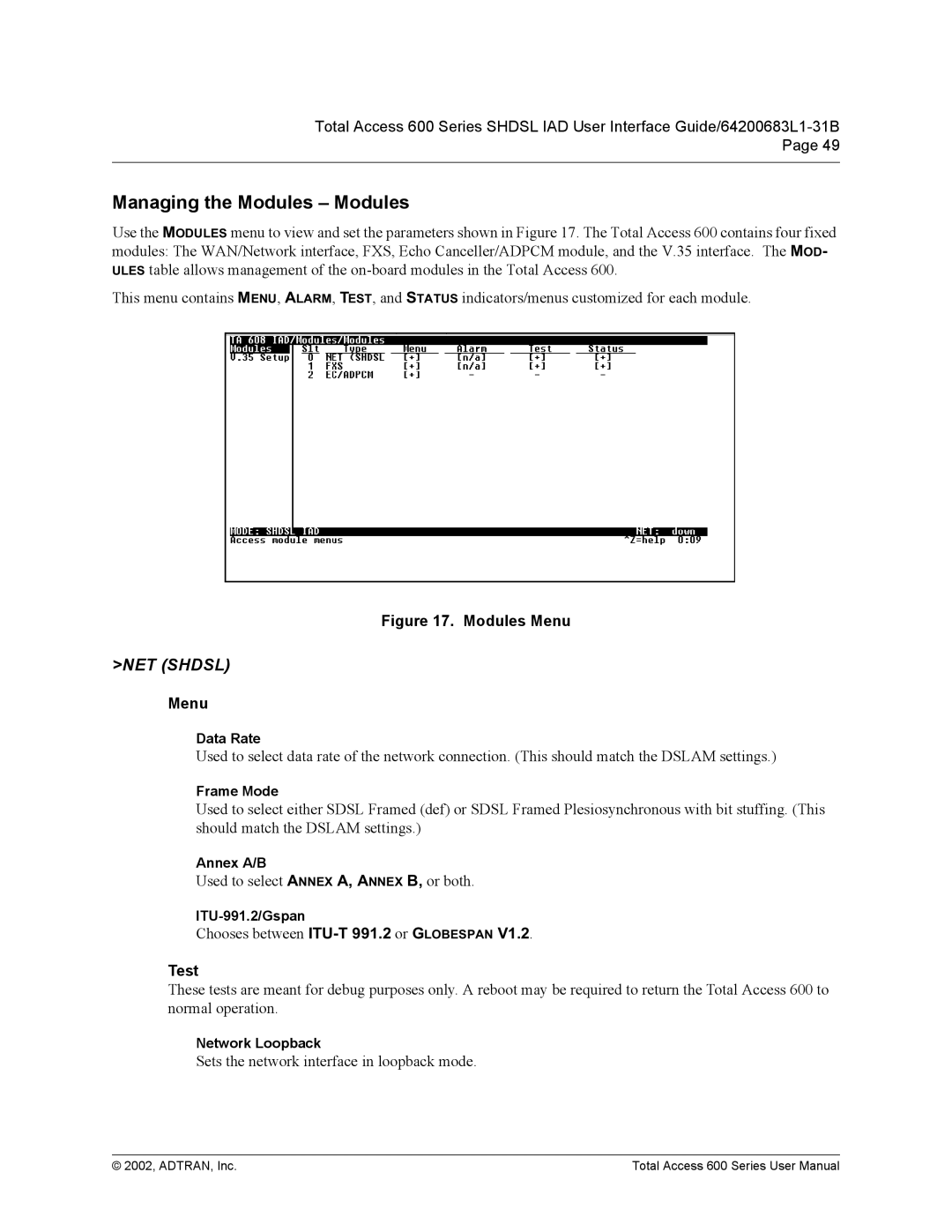 ADTRAN 600 Series user manual Managing the Modules Modules, Menu, Test 