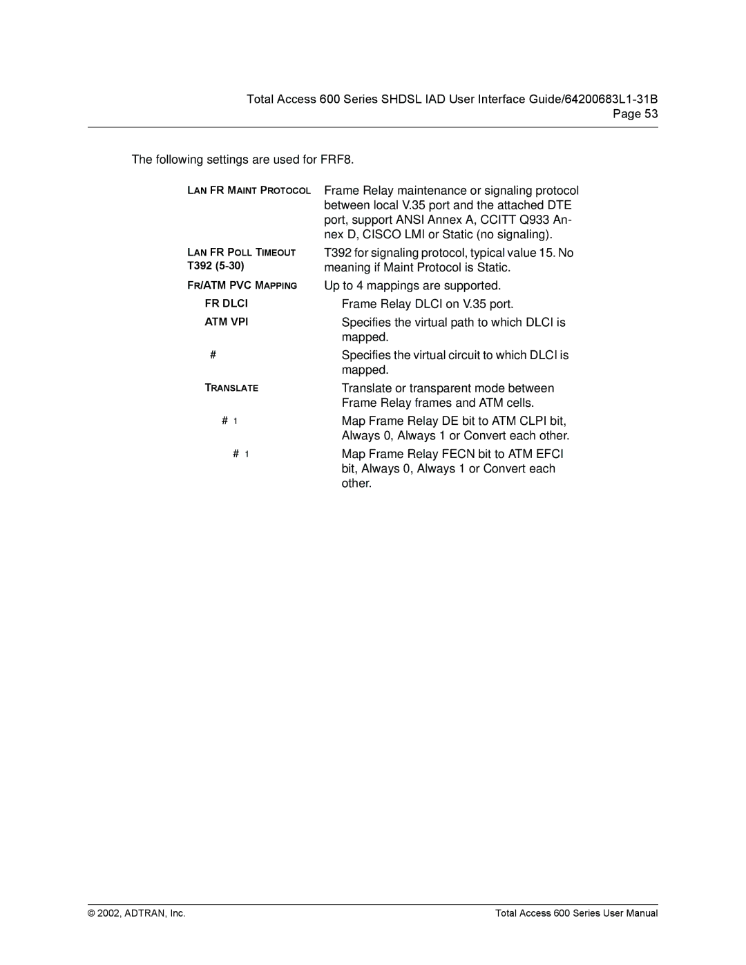 ADTRAN 600 Series user manual Following settings are used for FRF8 