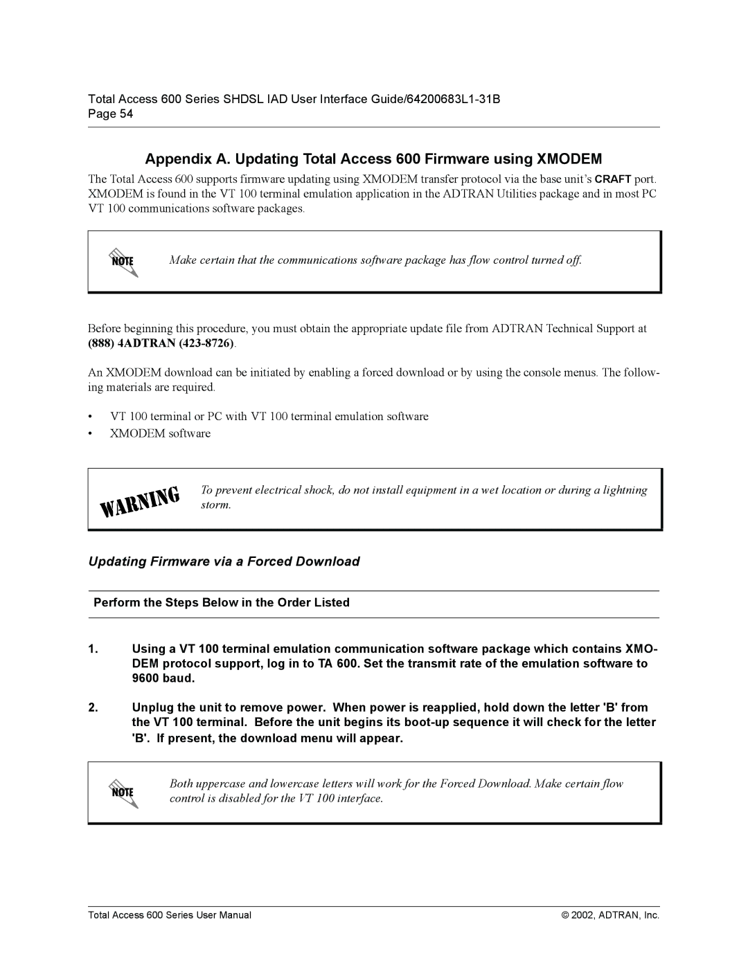 ADTRAN 600 Series Appendix A. Updating Total Access 600 Firmware using Xmodem, Updating Firmware via a Forced Download 