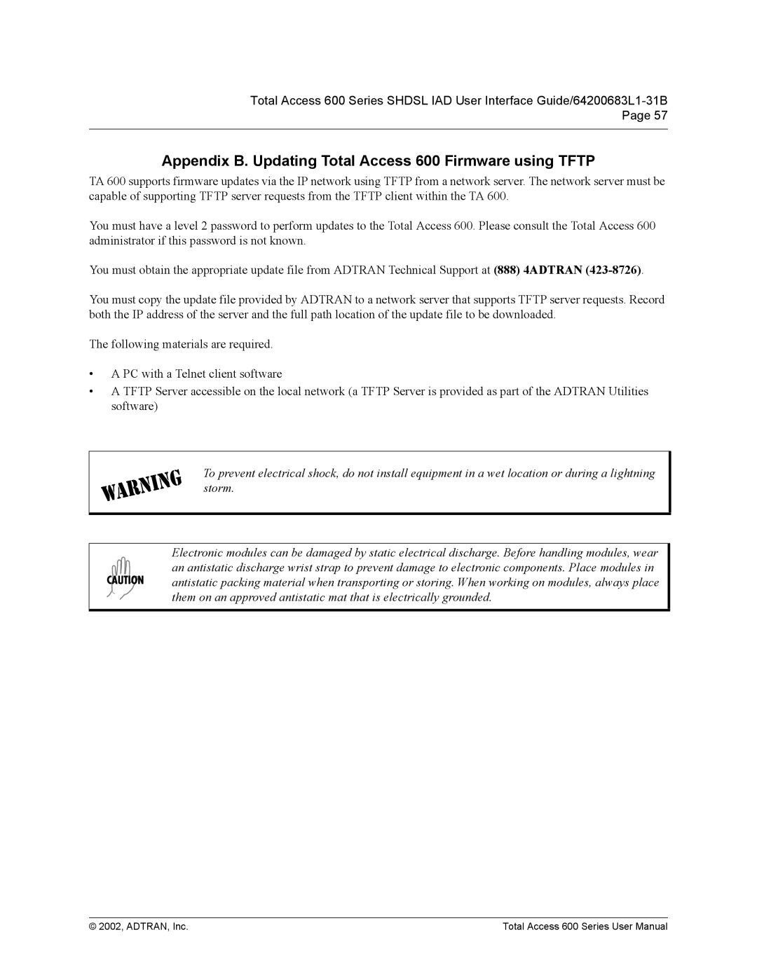 ADTRAN 600 Series user manual Appendix B. Updating Total Access 600 Firmware using Tftp 