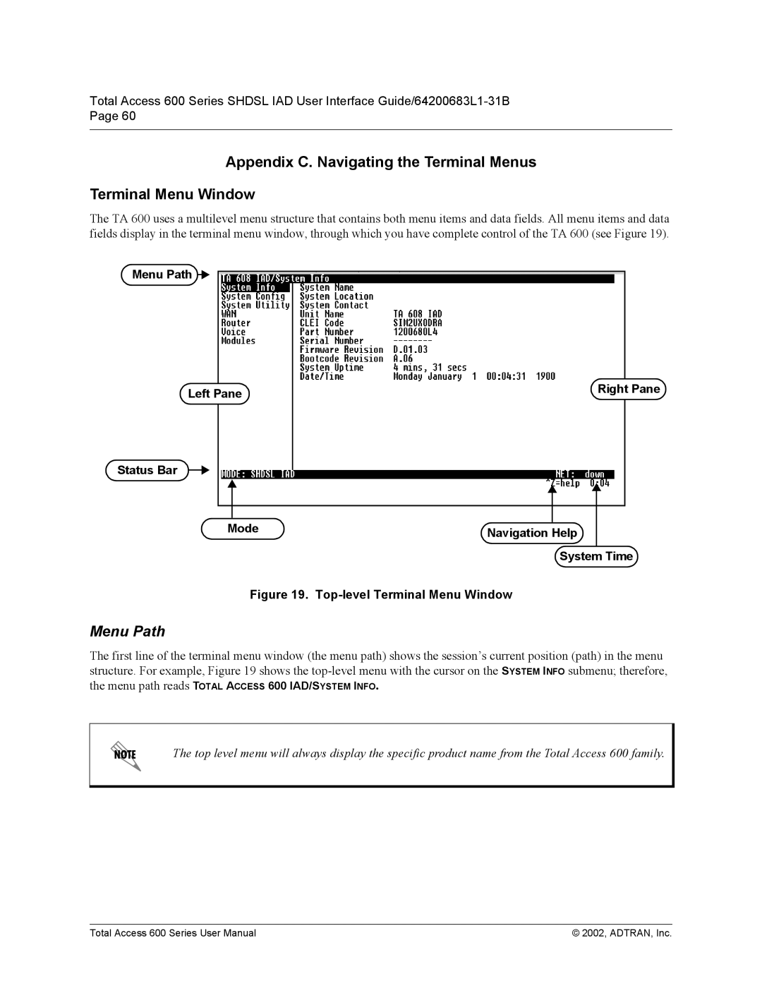 ADTRAN 600 Series user manual Menu Path Left Pane, Status Bar Mode, System Time 