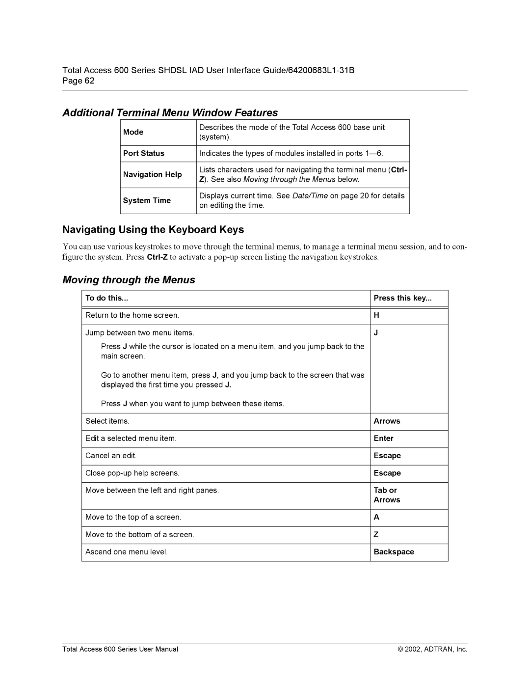 ADTRAN 600 Series user manual Additional Terminal Menu Window Features, Navigating Using the Keyboard Keys 