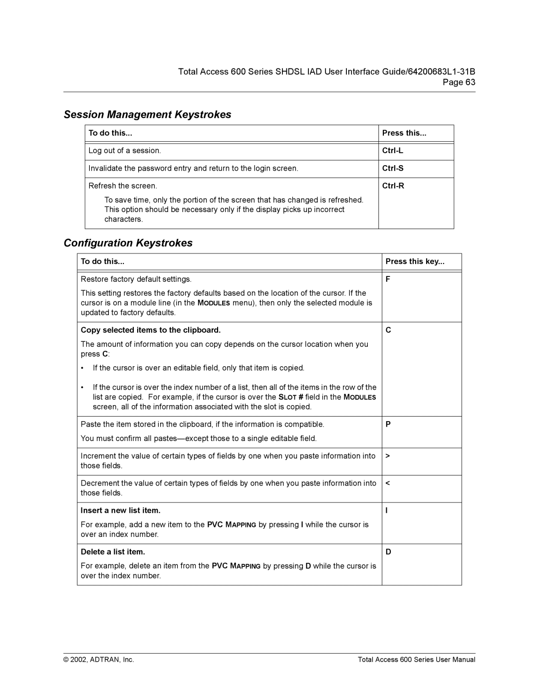 ADTRAN 600 Series user manual Session Management Keystrokes 