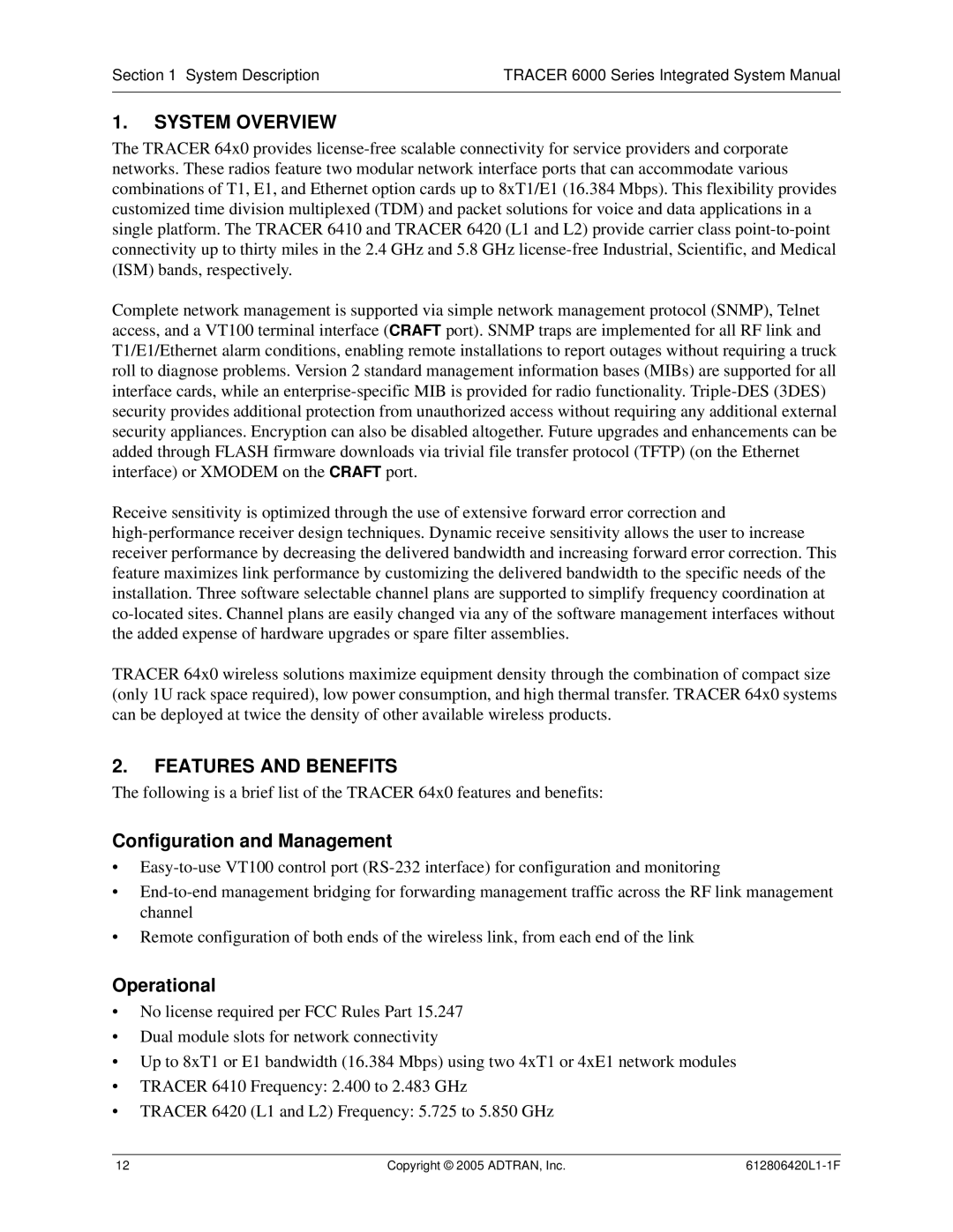 ADTRAN 6000 Series system manual System Overview, Features and Benefits, Configuration and Management, Operational 