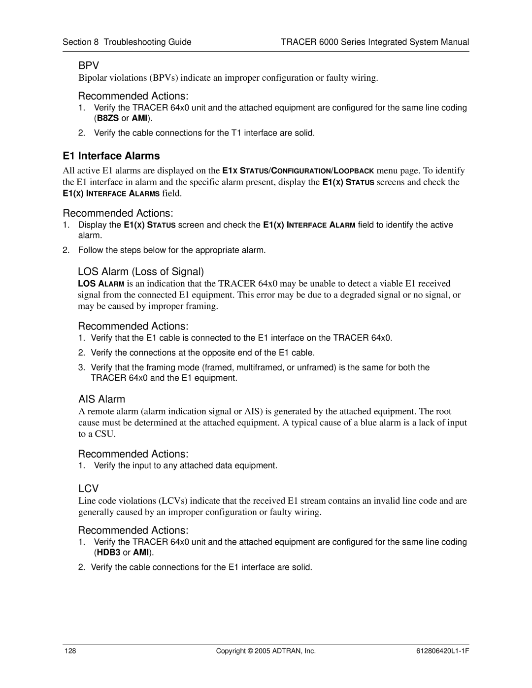 ADTRAN 6000 Series system manual Bpv, E1 Interface Alarms 