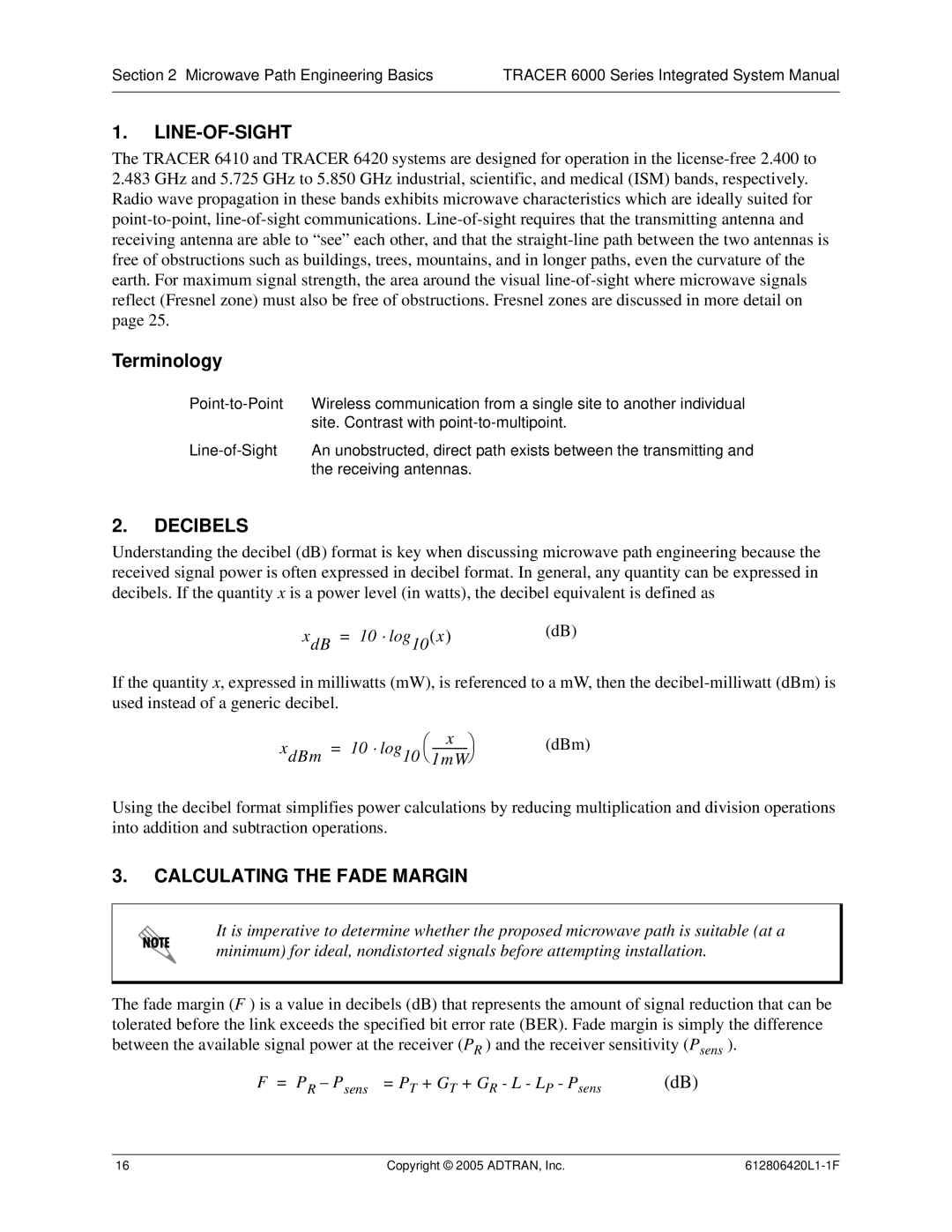 ADTRAN 6000 Series system manual Line-Of-Sight, Terminology, Decibels, Calculating the Fade Margin 