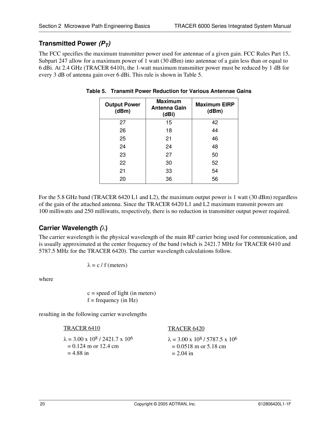 ADTRAN 6000 Series system manual Transmitted Power PT, Carrier Wavelength λ 